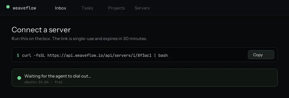 The connect-a-server step showing a one-time curl command and a waiting indicator