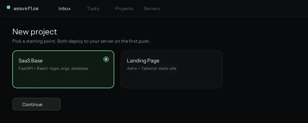 The New project screen with SaaS Base selected and Landing Page beside it